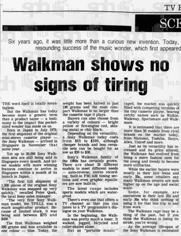 Walkman Shows no signs of tiring The Straits Times, 10 November 1985 1.png